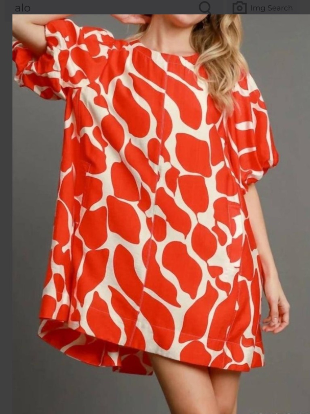 Umgee Bold Red & White Abstract Print Puff Sleeve Swing Dress   1X